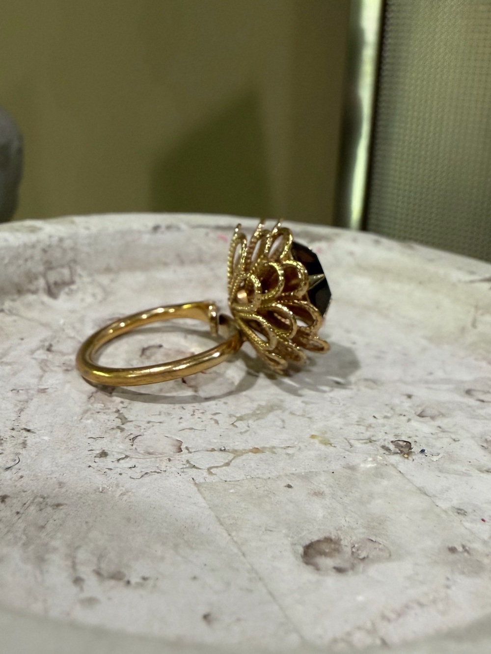 Vintage 60,s 70’s Adjustable Gold-Tone Floral Statement Ring Amber Color Stone